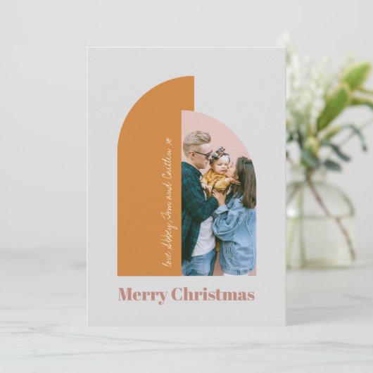 Minimale Boog Blozen Stof Roze Grijs Vrolijk Foto Feestdagenkaart (Staand voorkant)