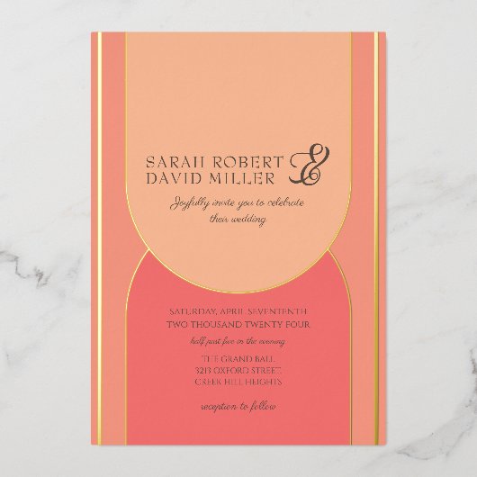 Minimale boog perzik fuzz vet bruiloft folie uitnodiging (Voorkant)