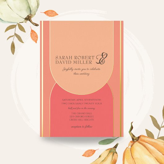 Minimale boog perzik fuzz vet bruiloft folie uitnodiging