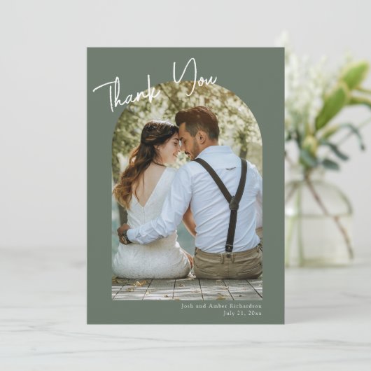 Minimale booggroene moderne bruiloft bedankt kaart (Staand voorkant)