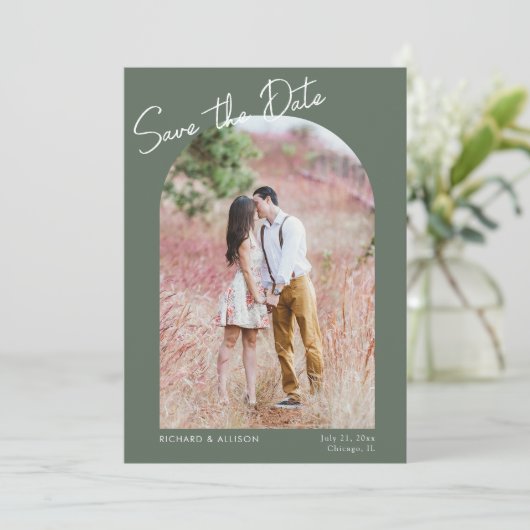 Minimale booggroene moderne foto Opslaan Datum Kaart (Staand voorkant)