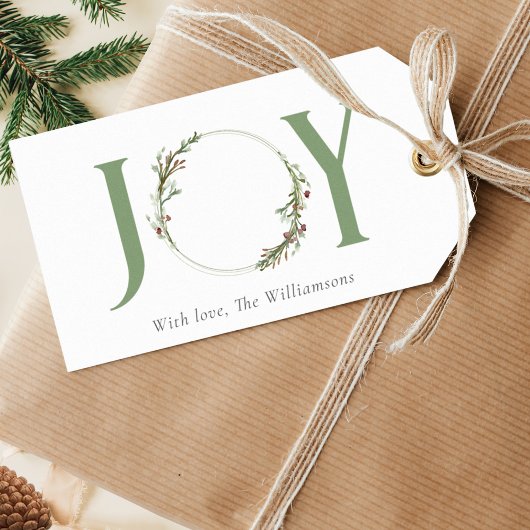 Minimale botanische aquarel krans Joy Kerstmis Cadeaulabel