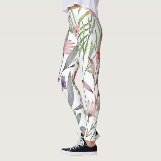 Minimale botanische bladeren en bloemwitte groen leggings (Links)