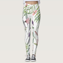 Minimale botanische bladeren en bloemwitte groen leggings