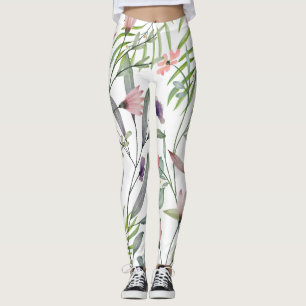 Minimale botanische bladeren en bloemwitte groen leggings