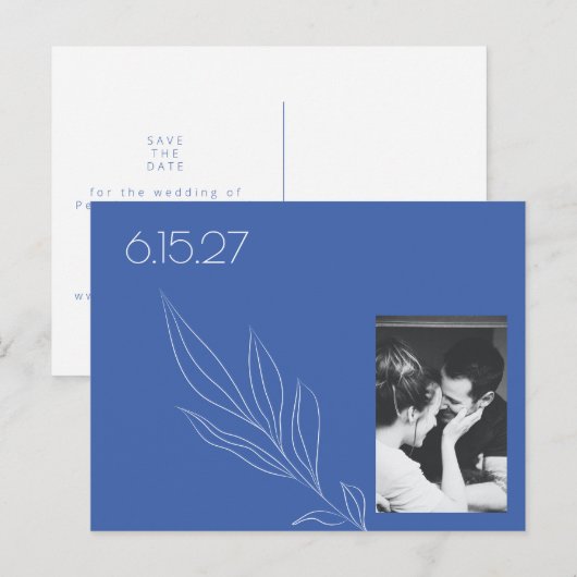 Minimale botanische blauwe foto Opslaan datum Briefkaart (Voorkant / Achterkant)