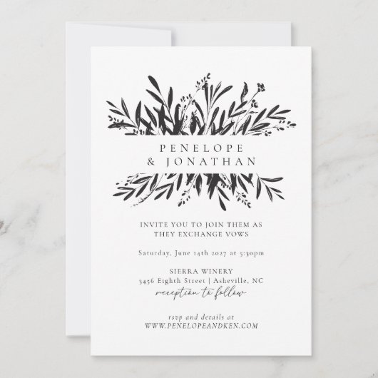 Minimale botanische bruiloft met zwarte en witte i kaart (Voorkant)