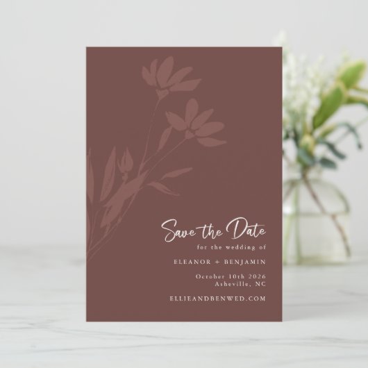 Minimale botanische foto van Terracotta Boho Save The Date (Staand voorkant)