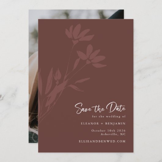 Minimale botanische foto van Terracotta Boho Save The Date (Voorkant / Achterkant)