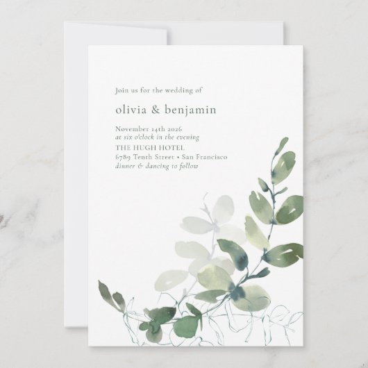 Minimale botanische groen-eucalyptusbruiloft kaart (Voorkant)