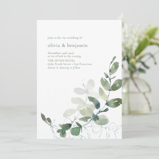 Minimale botanische groen-eucalyptusbruiloft kaart (Staand voorkant)