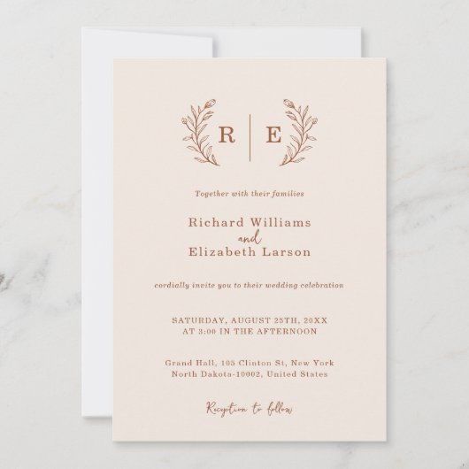 Minimale Botanische krans Monogram bruiloft Kaart (Voorkant)