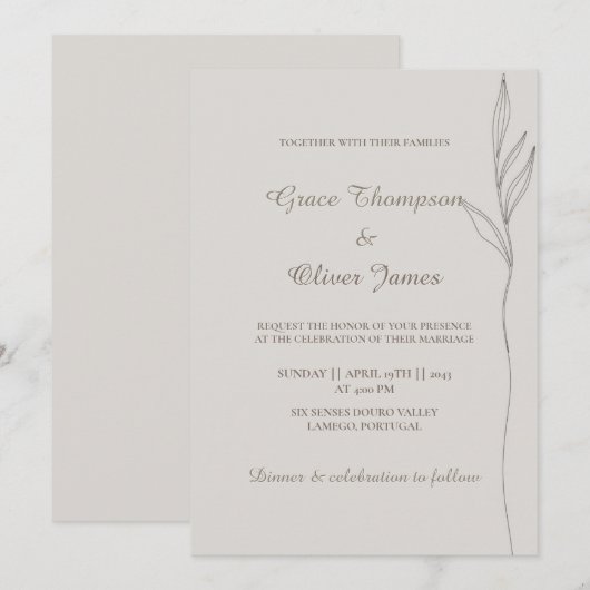 Minimale Botanische Lijn Kunst Huwelijksuitnodigin Kaart (Voorkant / Achterkant)