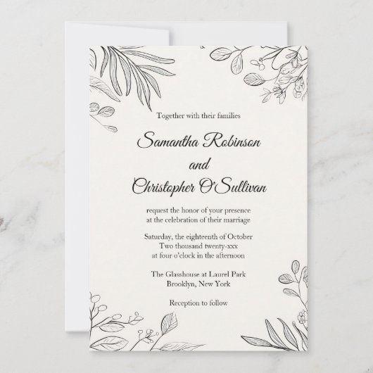 Minimale Botanische Lijn Kunst Trouwen Kaart (Voorkant)