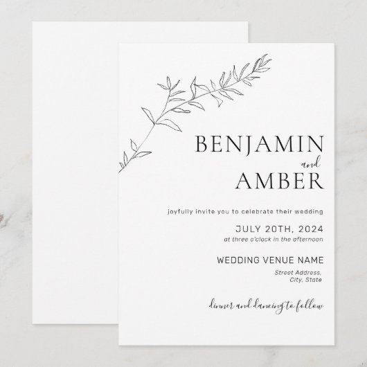 Minimale botanische lijntekenboho bruiloft kaart (Voorkant / Achterkant)