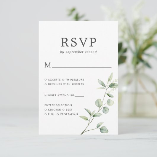 Minimale botanische moderne eucalyptus bruiloft RSVP kaartje (Staand voorkant)