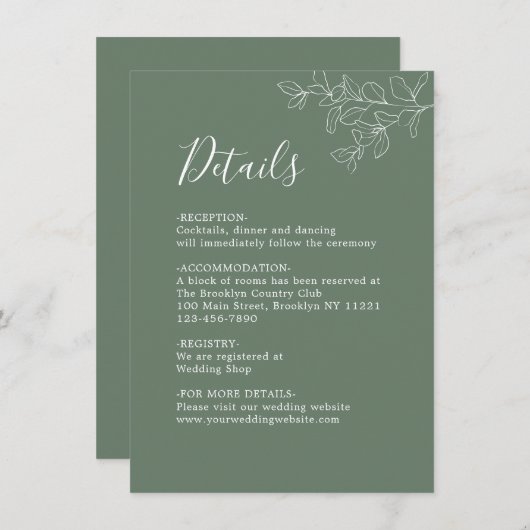 Minimale botanische platbinding groene bruiloft informatiekaartje (Voorkant / Achterkant)