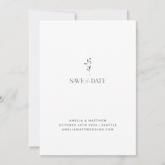 Minimale botanische trekbruiloft met witte flora save the date (Voorkant)