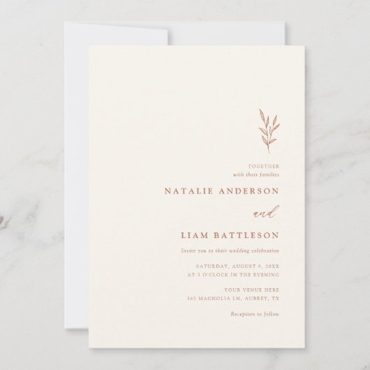 Minimale botanische verbrande Oranje bruiloft Invi Kaart (Voorkant)