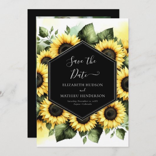 Minimale botanische zonnebloem bruiloft save the date (Voorkant / Achterkant)