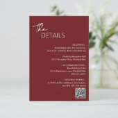 Minimale Bourgondische QR-code Moderne bruiloft Informatiekaartje (Staand voorkant)