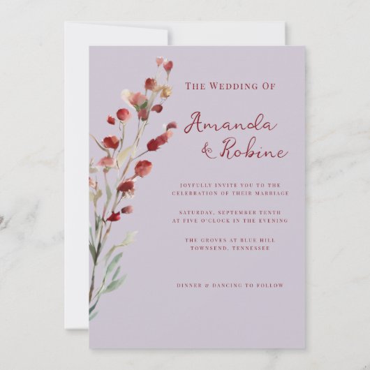 Minimale Bourgondische rode bloemen bruiloft Kaart (Achterkant)