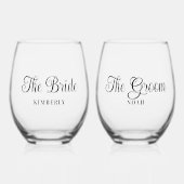 Minimale bruid & bruidegom bruiloft Elegant Script Wijnglas Zonder Voet (Voorkant)