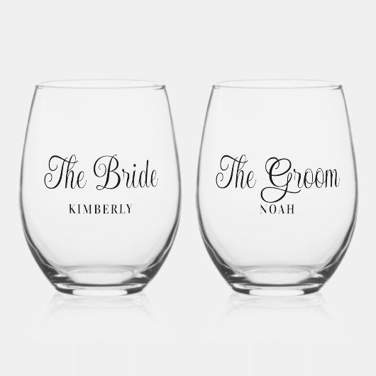 Minimale bruid & bruidegom bruiloft Elegant Script Wijnglas Zonder Voet (Voorkant)