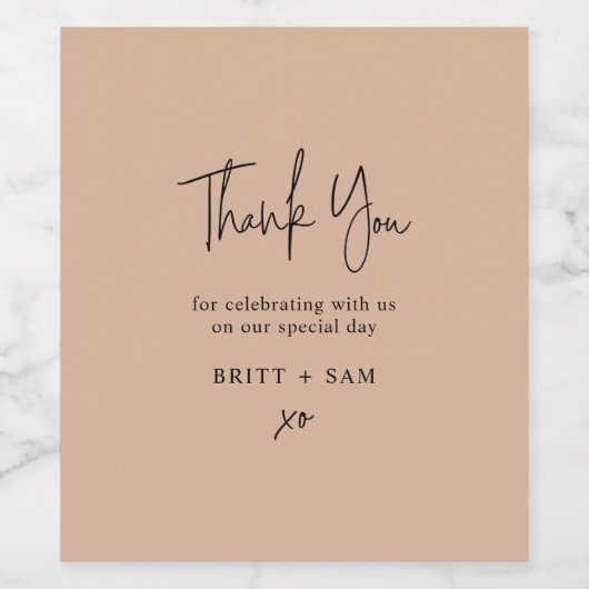 Minimale bruiloft Dank u Blush Pink Script Win Wijn Etiket (Enkel label)