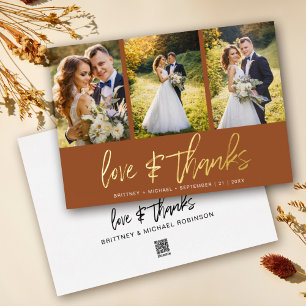 Minimale bruiloft foto collage terracotta dank u folie uitnodiging