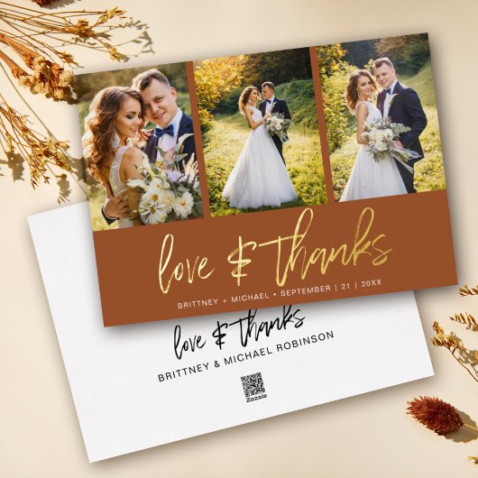 Minimale bruiloft foto collage terracotta dank u folie uitnodiging
