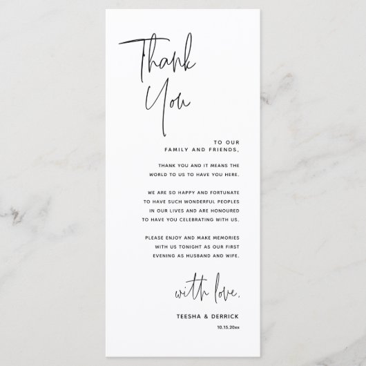 Minimale bruiloft Plaats instelling Hartelijk dank Programmakaart (Voorkant)