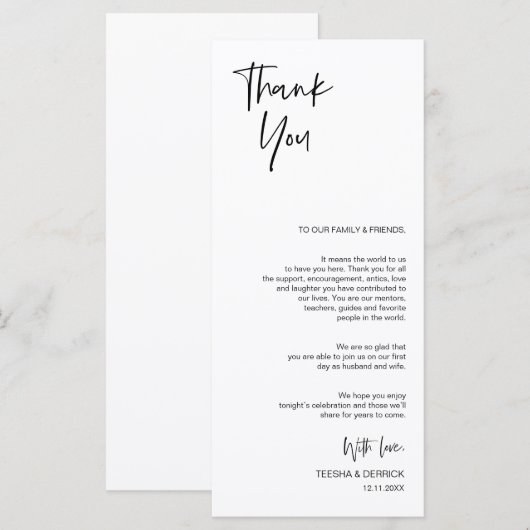 Minimale, bruiloft-plaatsinstelling Dank u wel kaa Programmakaart (Voorkant / Achterkant)