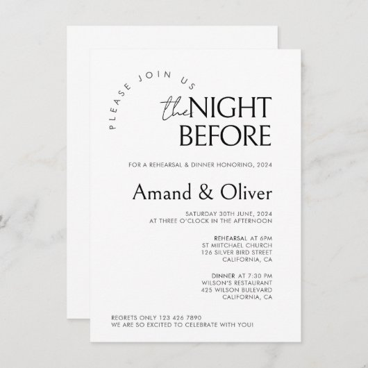 Minimale bruiloft repetitie sjabloon de avond ervo kaart (Voorkant / Achterkant)