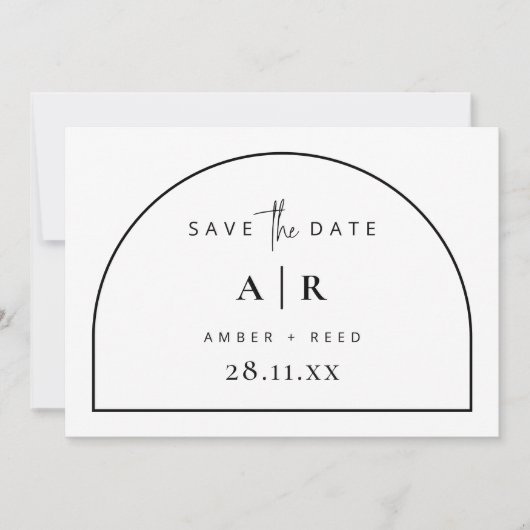 Minimale bruiloft voor moderne Arch Black en White Save The Date (Voorkant)