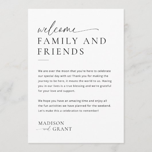 Minimale bruiloft welkomsttas letter tijdlijn Kaar Menu (Voorkant)