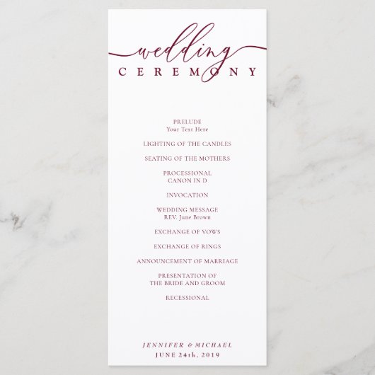 Minimale Burgundy Signature Script Trouwceremonie Programmakaart (Voorkant)