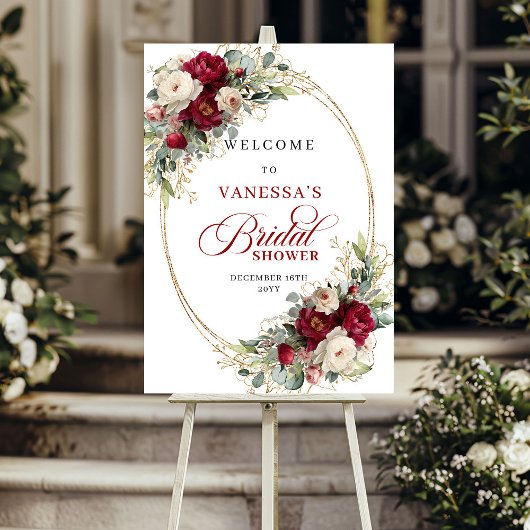Minimale Burgundy Witte Bloem Bruidsdouche Welkom Poster