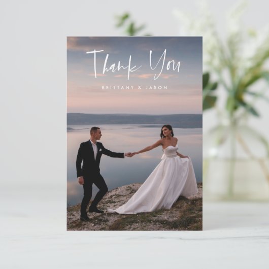 Minimale Casual scriptweduwfoto Bedankkaart (Staand voorkant)