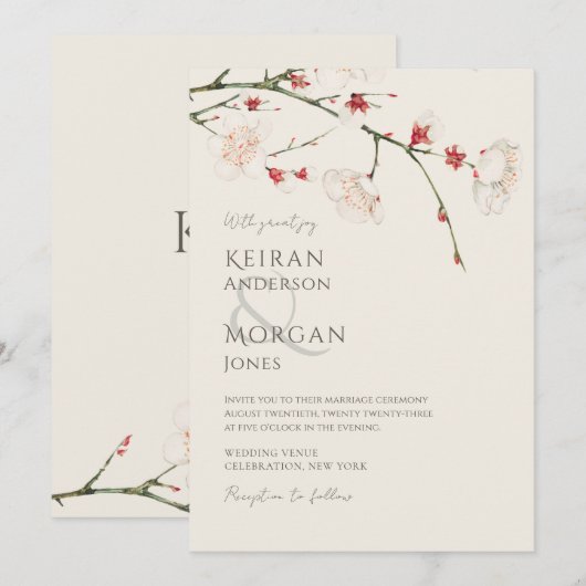 Minimale  Cherry Blossom Bruiloft Kaart (Voorkant / Achterkant)