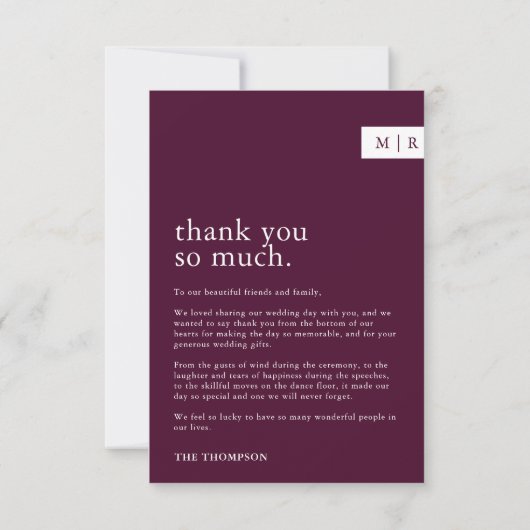 Minimale Chic Bourgogne Wijn Monogram Foto Bruilof Bedankkaart (Achterkant)