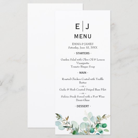 Minimale Chic Groene Huwelijksmenu Menu (Voorkant / Achterkant)