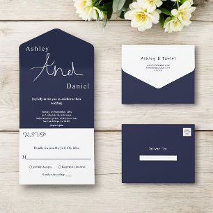 Minimale Chic Navy Blauw Wit Delicate Wedding All In One Uitnodiging