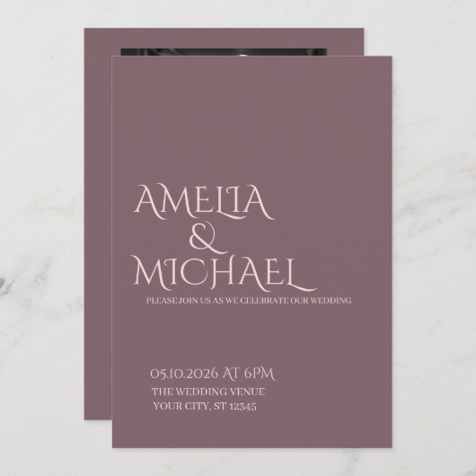 Minimale Chic Prune en Blush bruiloft uitnodiging (Voorkant / Achterkant)