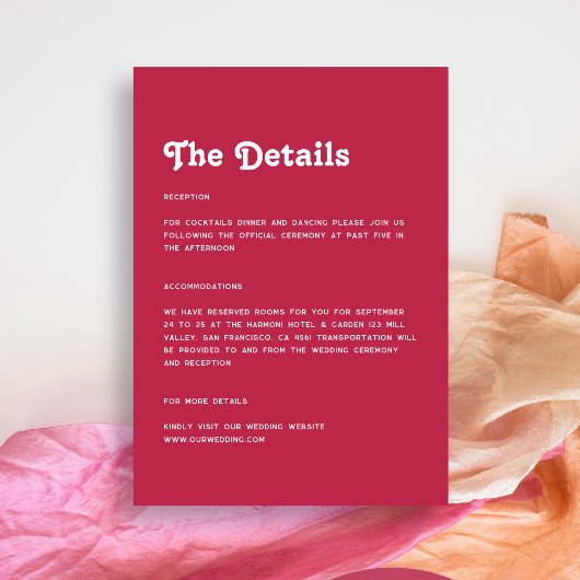Minimale Chic Retro Heldere Hot Pink Wedding Detai Informatiekaartje