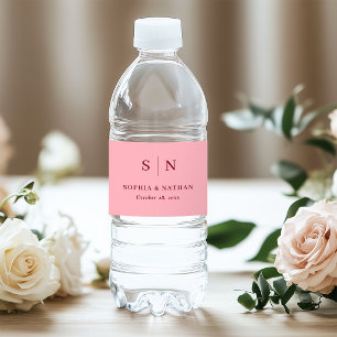 Minimale Chic Roze met Bordeaux Monogram Trouw Waterfles Etiket