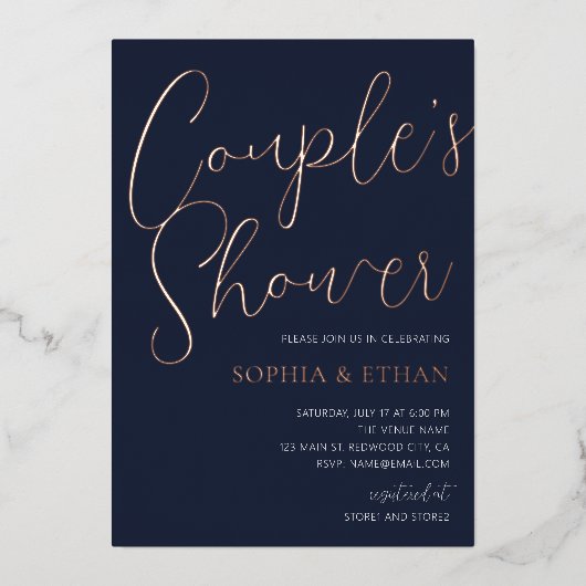 Minimale Chic Script Navy Blauwe Koppel Shower Folie Uitnodiging (Voorkant)