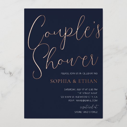 Minimale Chic Script Navy Blue Couples Shower Folie Uitnodiging (Voorkant)
