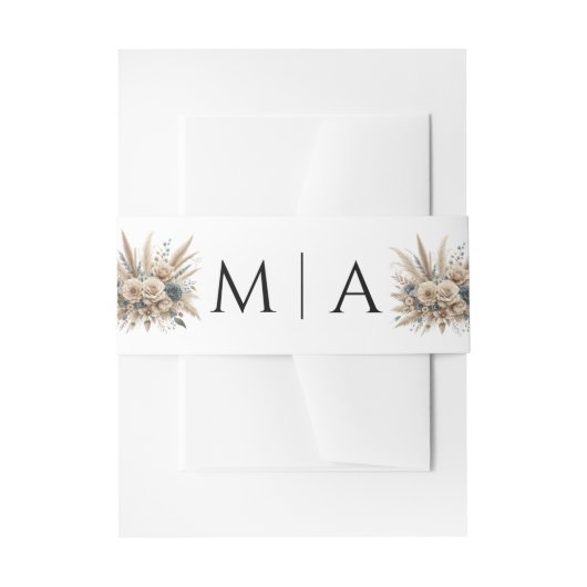 Minimale Chic Stofblauwe Witte Monogram Pampas Gra Uitnodigingen Wikkel (Voorkant Voorbeeld)