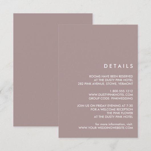 Minimale Chic Stofpluim |  Details voor trouwgaste Kaart (Voorkant / Achterkant)